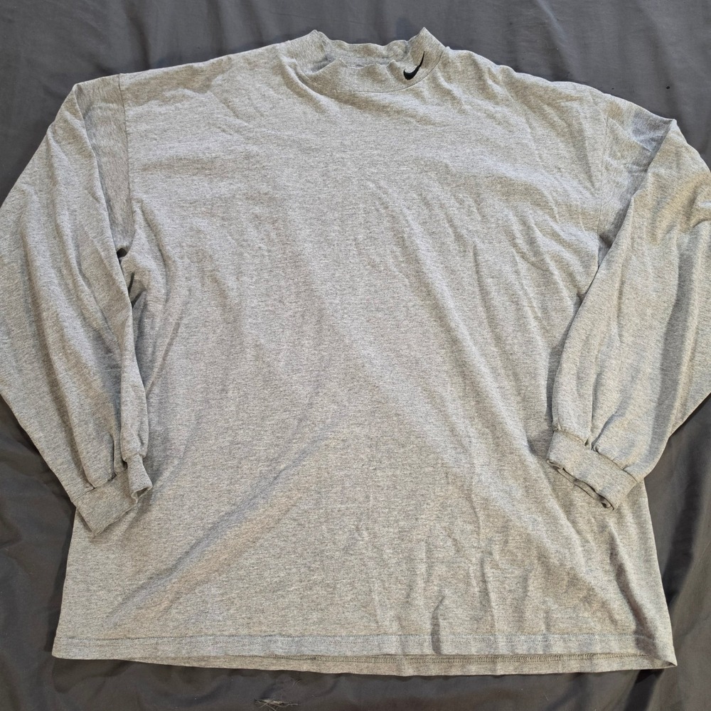 Nike Mock Neck Long Sleeve T-Shirt Gray Embroidered Swoosh XXL Vintage 90s USA
